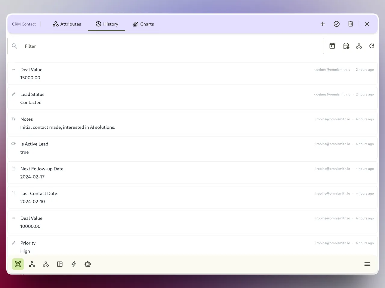 Entity detail view with history tab open
